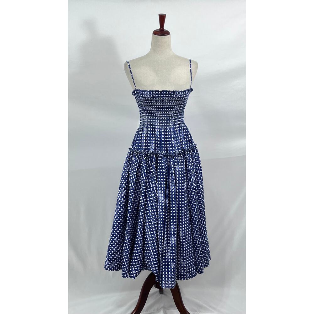 HILL HOUSE Sz XS Blue Basketweave Print Seraphina Midi Dress - Picture 6 of 11